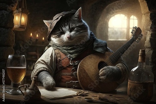 illustration of a cute bard cat with his lute, medieval tavern in background, generative ai photo