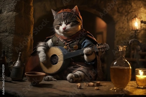 illustration of a bard cat with his guitar, old tavern in background, generative ai