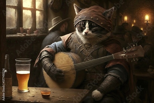 illustration of a cute bard cat playing his guitar, medieval tavern in background, generative ai photo