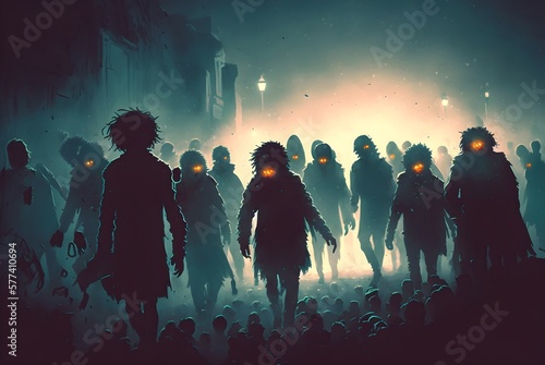 halloween concept of zombie crowd walking at night  digital art style  illustration painting  Generative AI