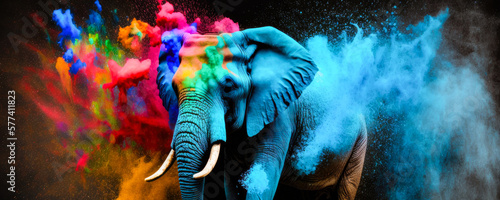 Elephant Happy Holi colorful, festival of colors, powder explosion background © GHart
