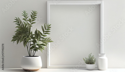 Minimalist Interior Frame Mockup with Plant and White Wall Background