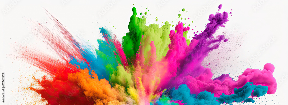 Multicolored explosion of rainbow holi powder paint isolated on white background. Panoramic view. Generative AI