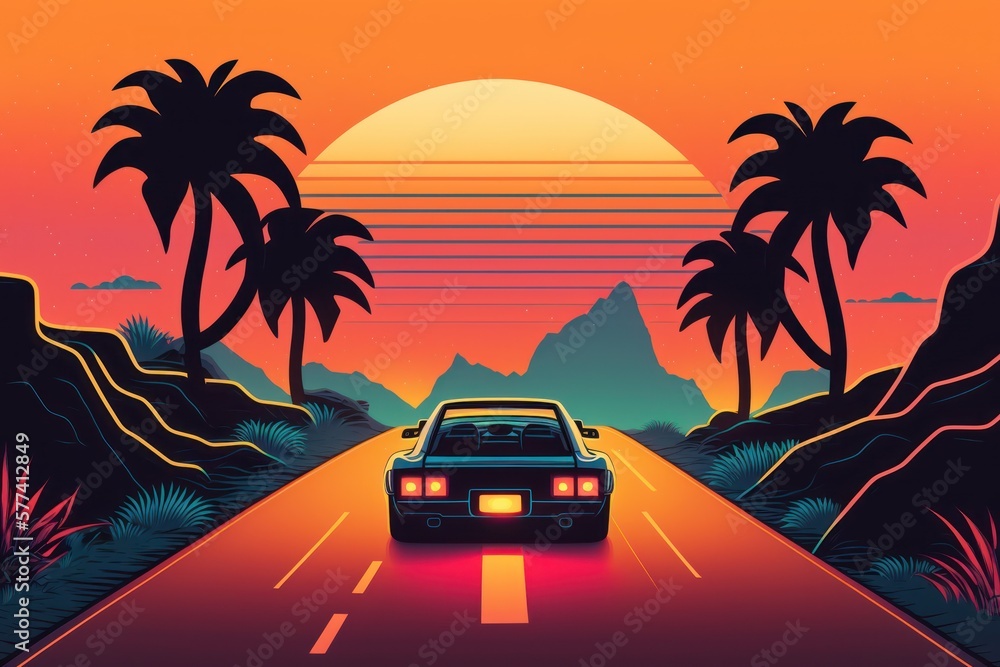 80s retro design old car in sunset- Generative AI