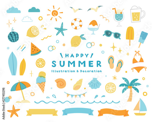 夏・海のシンプルなイラストセット　飾り　装飾　ビーチ　夏休み　リボン　旅行　南国　海水浴　8月　真夏
