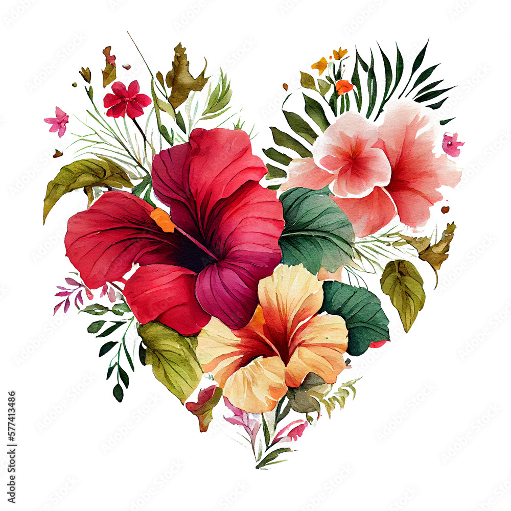 heart shaped hibiscus bouquet, Romantic heart vignette made of vintage flowers and leaves of hibiscus in gentle retro style watercolor painting, PNG transparent background, generative AI.
heart shaped hibiscus bouquet, Romantic heart vignette made of vintage flowers and leaves of hibiscus in gentle retro style watercolor painting, PNG transparent background, generative AI.