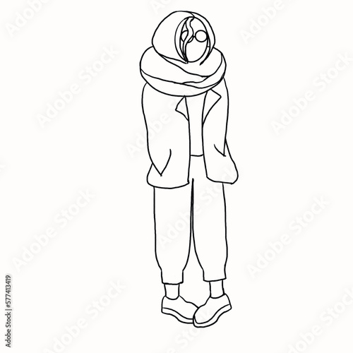 person in a suit a person in fashionable warm clothes,a girl in warm winter clothes,a scarf,sunglasses,sweatpants,sneakers