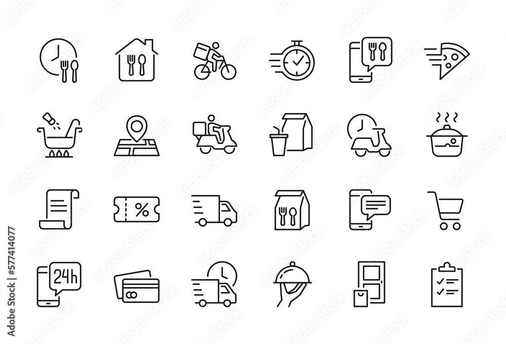 Food delivery related icon set. Online food app symbol - Editable stroke, Pixel perfect at 64x64