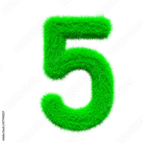 green number 5 Fur 3D element render, Typography fluffy style