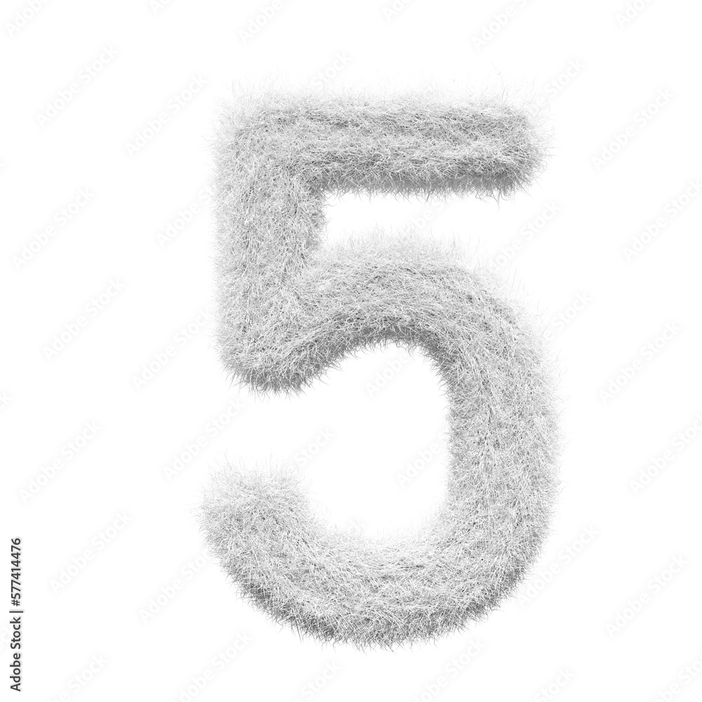 white number 5 Fur 3D element render, Typography fluffy style white number 5 Fur 3D element render, Typography fluffy style