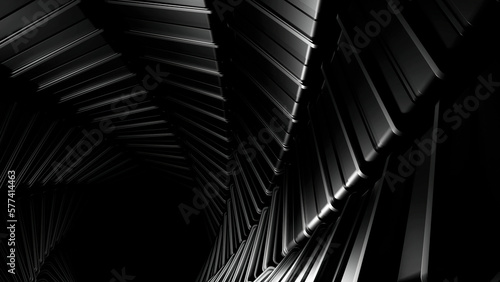 Abstract swirl tunnel in black and white colors. Design. Monochrome rotating and bending texture, striped vortex.