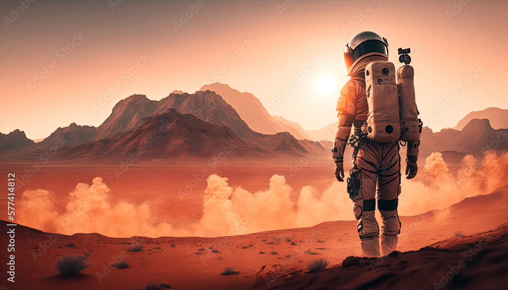 Astronaut in spacesuit looking at Mars landscape by generative AI