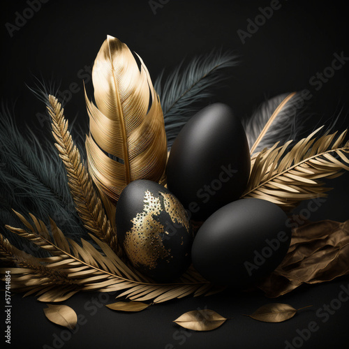 黒い背景に金色の羽を持つ、金色のメタリックと黒く塗られた卵。イースターのミニマムコンポジションGeneretiveAI