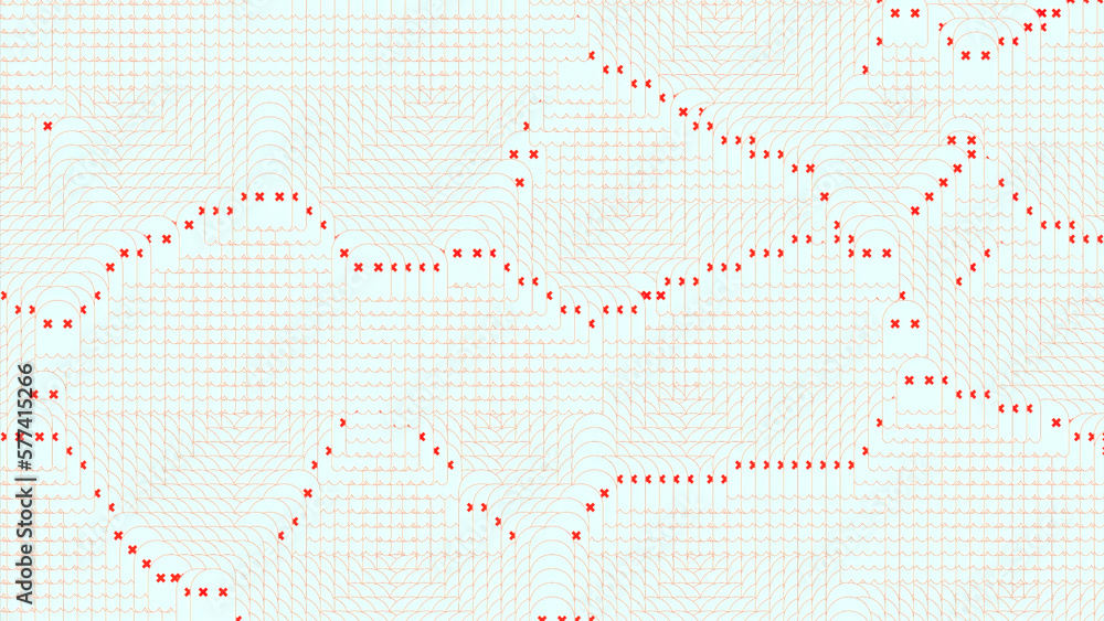 Spinning retro surface with tiny shimmering squares. Design. Rotating bended red lines of pixels on a beige background.