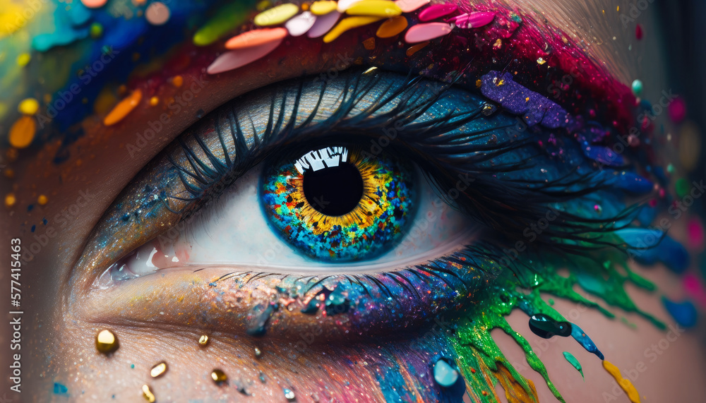 Close-up view of colorful female eye, generative 