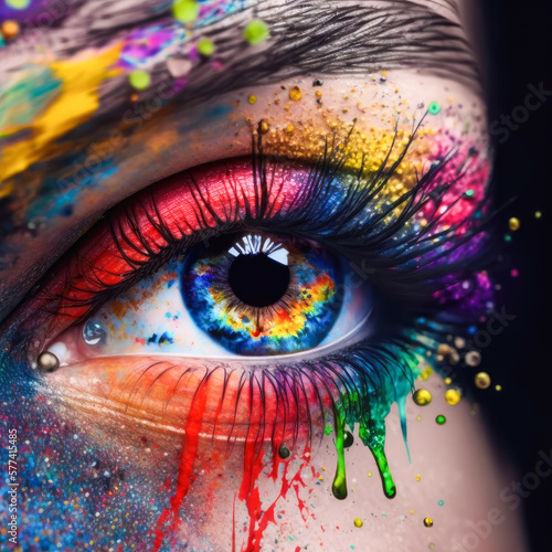 Close-up view of colorful female eye, generative 