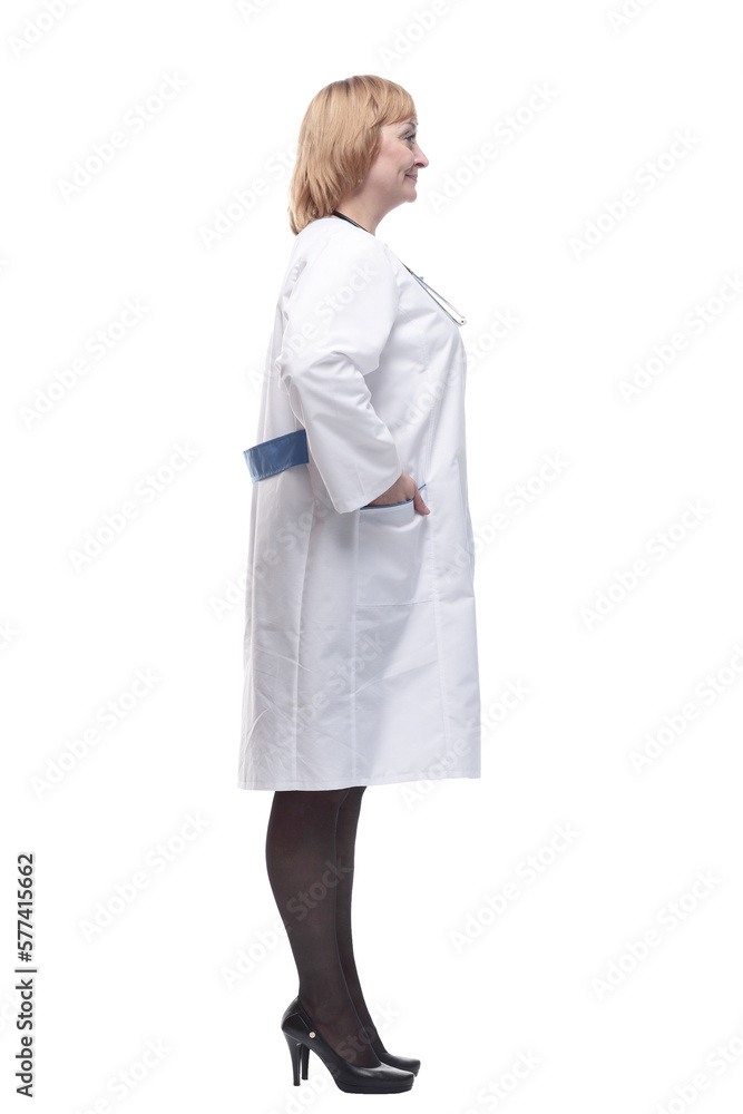 in full growth.friendly female doctor with a stethoscope. in full growth.friendly female doctor with a stethoscope.