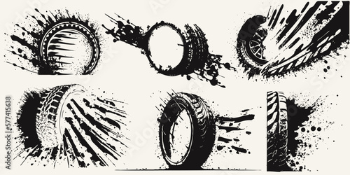 Marks and dirt. Drag racing, drift, rally, motocross, off-road and other. Car tires print, grunge off road wheels marks. Bike or truck wheel protector trails. Car tires in different angles. Vector