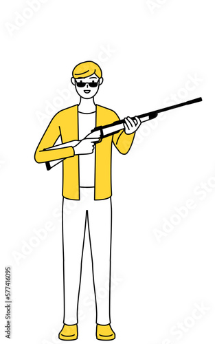 サングラスをかけてライフル銃を持つカジュアルな格好をした若い男性