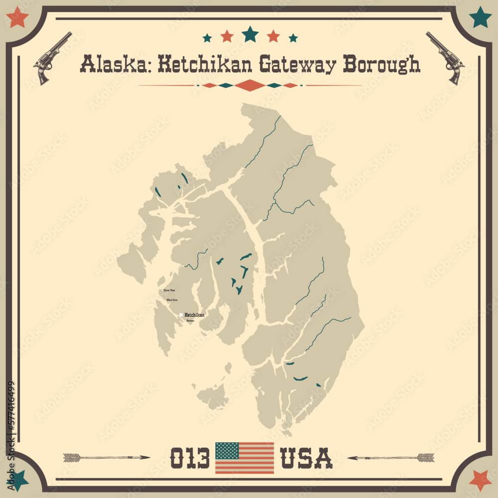 Large and accurate map of Ketchikan Gateway Borough, Alaska, USA with vintage colors. Stock