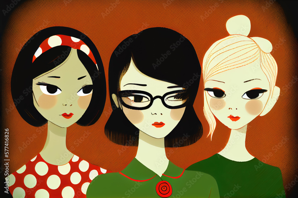 Generative AI illustration of three a group of intellectual Asian women, wearing glasses, against a red background