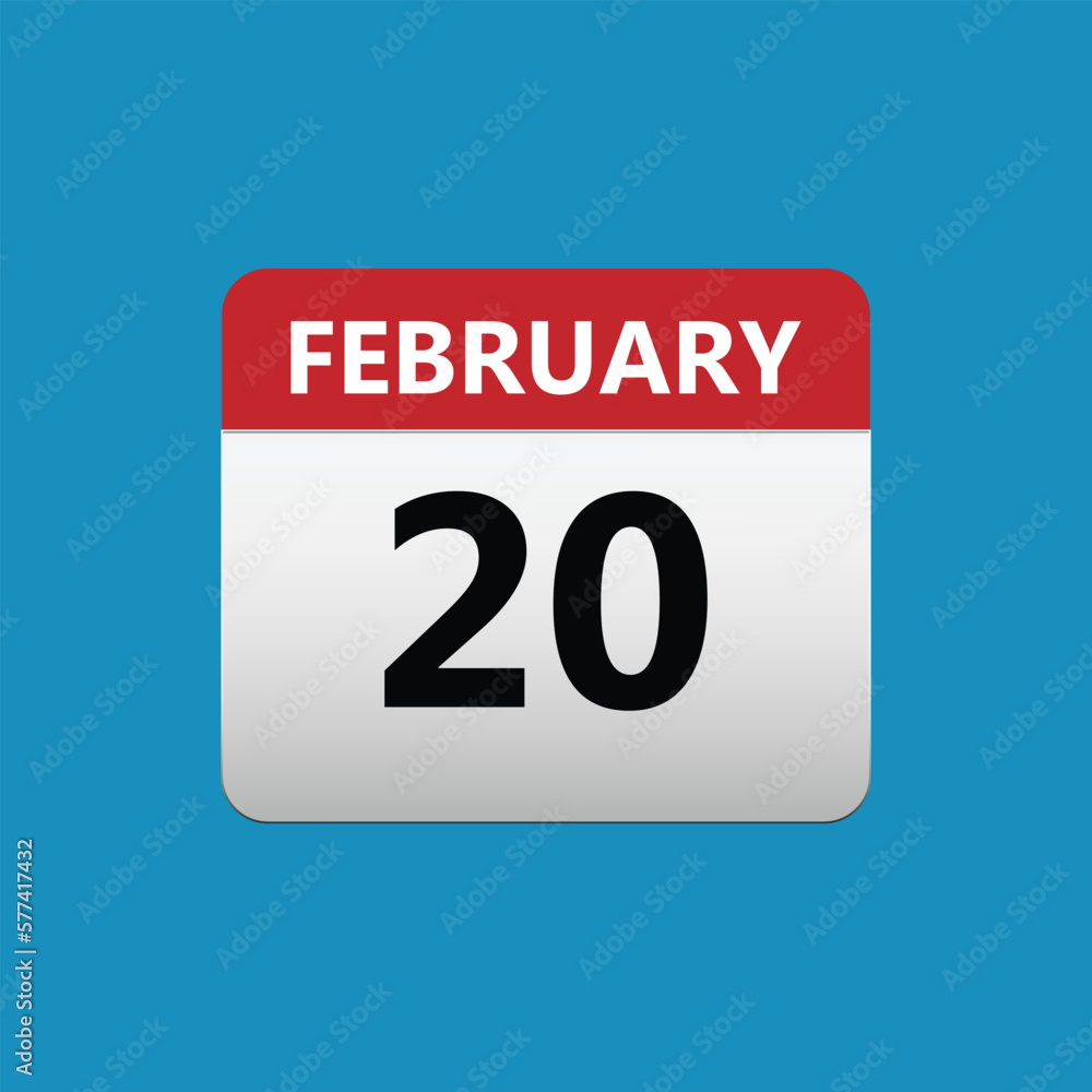 20th February calendar icon. February 20 calendar Date Month icon. Isolated on blue background 20th February calendar icon. February 20 calendar Date Month icon. Isolated on blue background