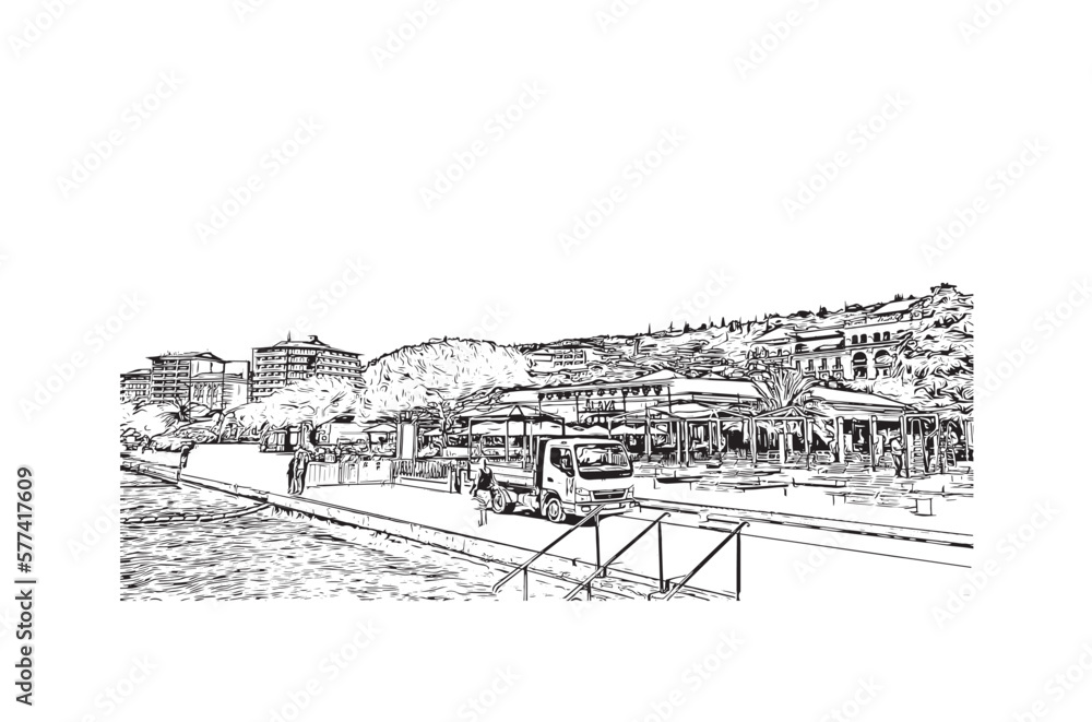Building view with landmark of Portoroz is a resort town in Slovenia. Hand drawn sketch illustration in vector. Building view with landmark of Portoroz is a resort town in Slovenia. Hand drawn sketch illustration in vector.
