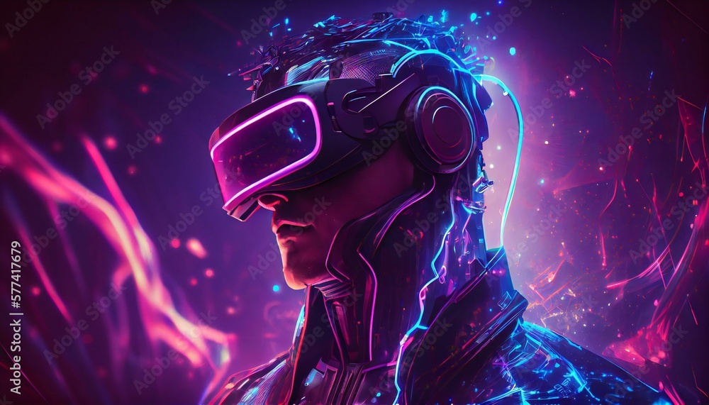 VR headset Hypernova cosmic banner. Futuristic man wearing virtual reality glasses, helmet. VR games playing. Ai generative illustration. VR headset Hypernova cosmic banner. Futuristic man wearing virtual reality glasses, helmet. VR games playing. Ai generative illustration.