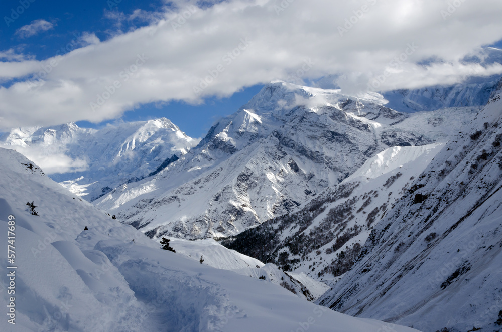 View of the Annapurna massif from Manang. Annapurna Circuit trekking trail.