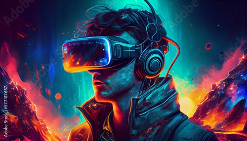 Futuristic man wearing virtual reality headset with Hypernova background. Metaverse VR concept. Player character in computer game interface. Generative Ai illustration. 