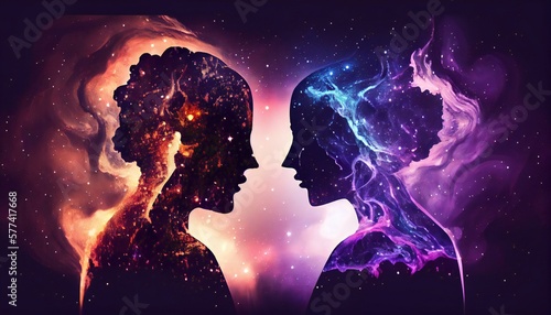 Man and woman silhouettes with Nebula background. Human souls in love, astral bodies. Esoteric and spiritual life concept. Generative Ai illustration. 
