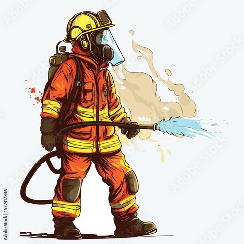 Firefighter in Fireman Suit with Full Equipment and Accessories to Extinguishing Fire Burn in Vector Cartoon Style on White Background