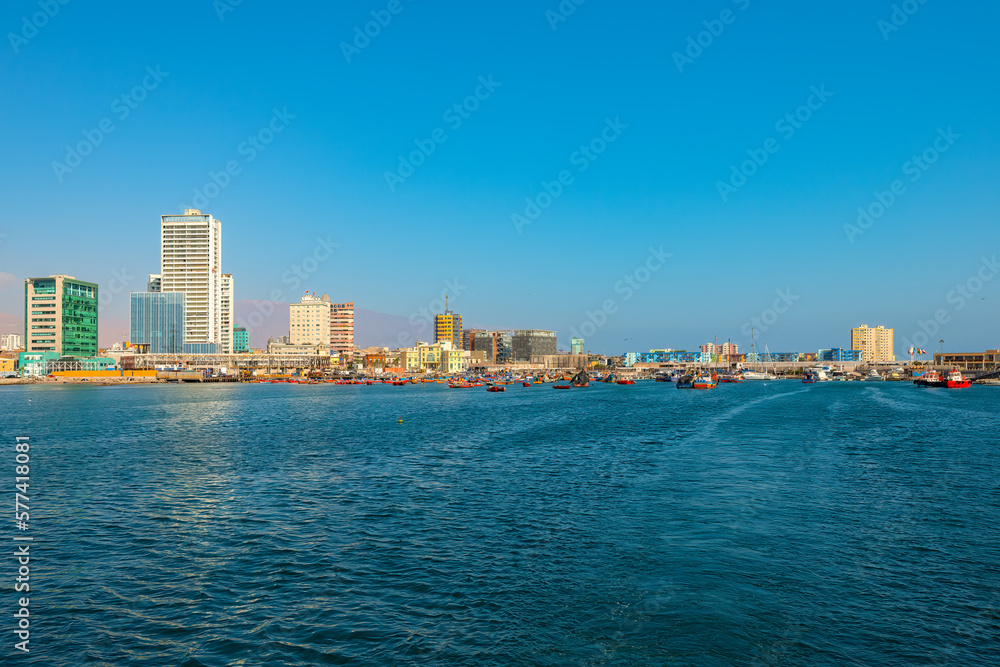 Skyline of downtown and marina of Iquique from the sea, Chile