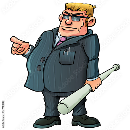 Cartoon gangster with a bseball bat. He has sunglasses and a crew cut 