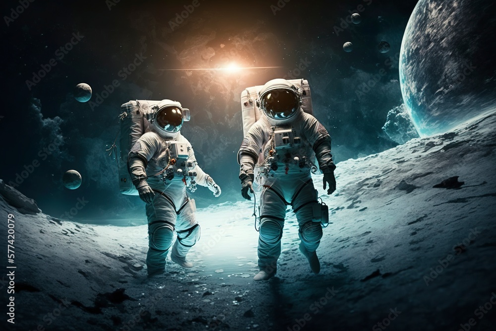 Astronauts float in space.AI technology generated image Astronauts float in space.AI technology generated image