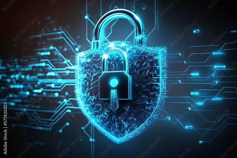 Network security concept, data security lock with blue neon effect。AI technology generated image Network security concept, data security lock with blue neon effect。AI technology generated image