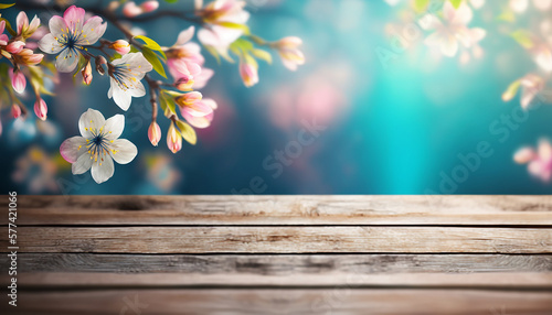 Empty wooden surface with with pink spring sakura cherry blossom background  generative ai