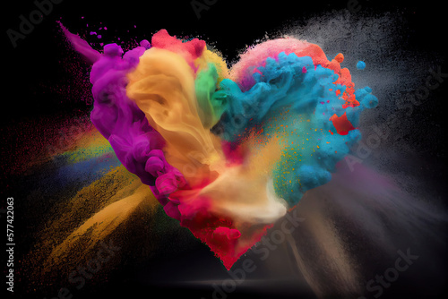 Powder rainbow colour love heart on black background. photo