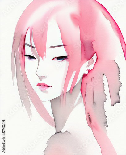 Portrait of the face of a fictitious pretty manga girl with pink hair. Pink and grey color scheme. Generative AI Anime watercolor art illustration.	