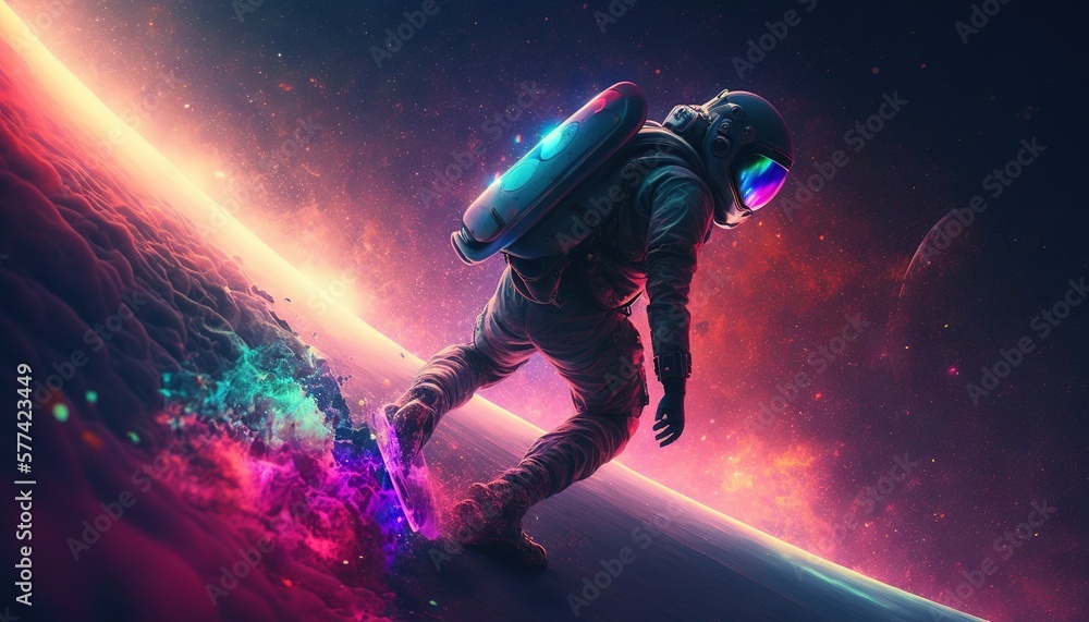 Vivid colorful illustrations of astronaut in space surfing on surfboard waves of galaxies generate ai. Vivid colorful illustrations of astronaut in space surfing on surfboard waves of galaxies generate ai.