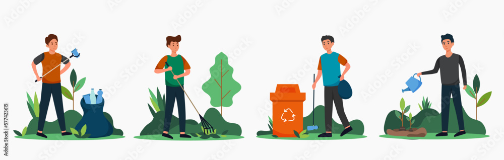 Volunteer activity, young planting tree to protect environment and garbage collection to save the world concept, vector illustration.