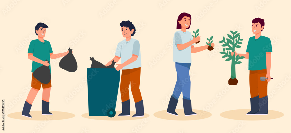 Volunteer activity, young planting tree to protect environment and garbage collection to save the world concept