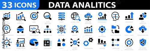 Data analysis 33 icon set. Data analysis technology symbol. Vector illustration