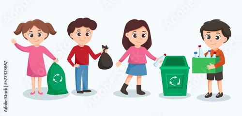 Volunteer activity, garbage collection to save the world concept, vector illustration. Volunteers of young people with  garbage bags. volunteering working and environmental cleanup