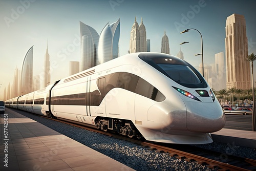 High-speed train shuttles in future cities.AI technology generated image