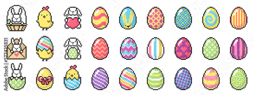 Pixel art Easter icons set - decorated Easter eggs, bunny, chick. Isolated vector symbols on white background. Perfect for greeting cards, invitations, icons on websites and mobile applications