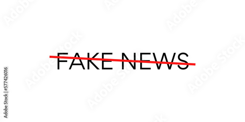 Fake news word text crossed with a red line representing no or stop fake news. Stop fake and disinformation typography. photo