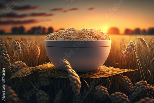 Fotografiet Rolled oats in bowl on table with ripe wheat field at sunset as a digital illust