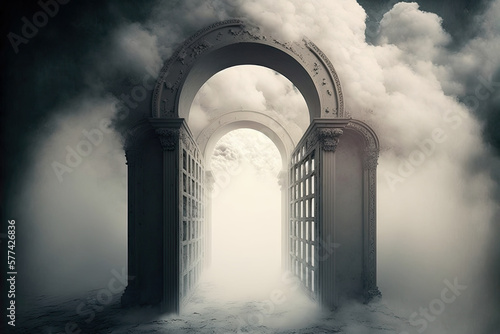 Generative AI illustration of ancient arched gate in clouds photo