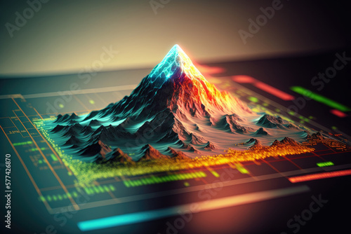 Generative AI illustration of active volcano on interactive table photo